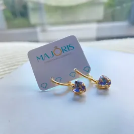 Brinco Dourado Argolinha Coração Roxo