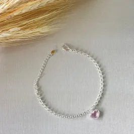 Pulseira Prata Elo Português Coração Rosa