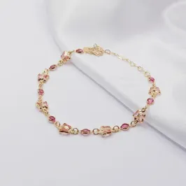 PULSEIRA DOURADA COM BORBOLETAS E PONTO DE LUZ ROSA