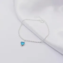 PULSEIRA PRATA ELO PORTUGUÊS COM PINGENTE CORAÇÃO AZUL