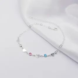 TORNOZELEIRA PRATA COM CORAÇÃO CHAPA E ZIRCÔNIA ROSA E AZUL