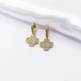 BRINCO DOURADO ARGOLINHA CLICK TREVO VAN CLEFF CRAVEJADO