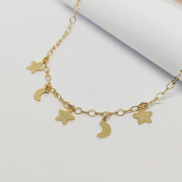 GARGANTILHA DOURADA CHOKER COM ESTRELAS E LUAS 40CM