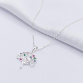 GARGANTILHA PRATA ÁRVORE DA VIDA COM ZIRCÔNIA COLORIDA 45CM