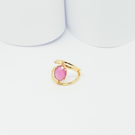 ANEL DOURADO ARO DUPLO COM ZIRCÔNIA OVAL ROSA