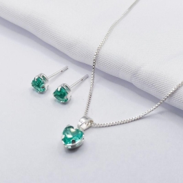 CONJUNTO PRATA CORAÇÃO VERDE ÁGUA 45CM