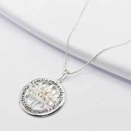 GARGANTILHA PRATA MEDALHA FAMÍLIA COM ÁRVORE DA VIDA 45CM