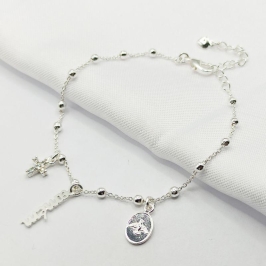 PULSEIRA PRATA BOLINHAS COM CRUZ, ESPÍRITO SANTO E FRASE 