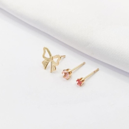 BRINCO DOURADO TRIO LAÇO E PONTO DE LUZ ROSA