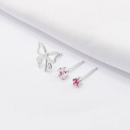BRINCO PRATA TRIO LAÇO E PONTO DE LUZ ROSA