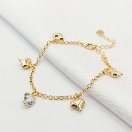 PULSEIRA DOURADA ELO PORTUGUÊS CORAÇÕES