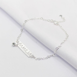 PULSEIRA PRATA ELO CORAÇÃO PLAQUINHA FAMÍLIA