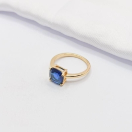 ANEL DOURADO SOLITÁRIO PEDRA QUADRADA AZUL