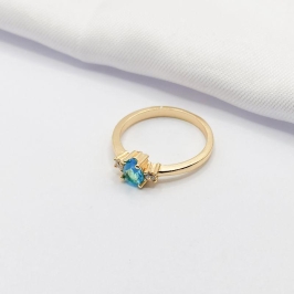 ANEL DOURADO SOLITÁRIO PONTO DE LUZ AZUL E CRISTAL