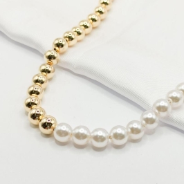 GARGANTILHA DOURADA CHOKER PÉROLA E BOLA LISA 40CM
