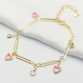 PULSEIRA DOURADA ELO CARTIER ALONGADO COM CORAÇÕES RESINADO