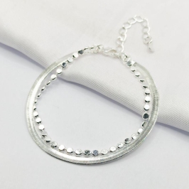 PULSEIRA PRATA DUPLA MALHA FITA E BOLINHA