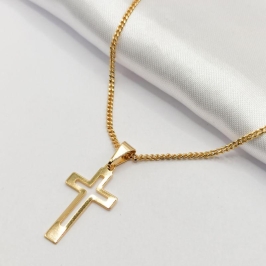 GARGANTILHA DOURADA CRUZ LISA VAZADA 60CM