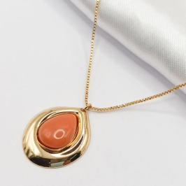 GARGANTILHA DOURADA PEDRA NATURAL LARANJA BASE LISA 45CM