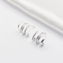 BRINCO PRATA ARGOLA EAR CUFF 3 FILEIRAS CRISTAIS