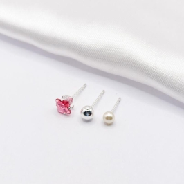 BRINCO PRATA TRIO CARRÊ PINK BOLINHA E PÉROLA