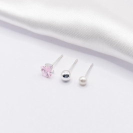 BRINCO PRATA TRIO CARRÊ ROSA BOLINHA E PÉROLA