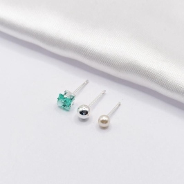 BRINCO PRATA TRIO CARRÊ VERDE BOLINHA E PÉROLA