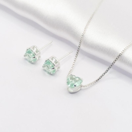 CONJUNTO PRATA CORAÇÃO VERDE ÁGUA 45CM P