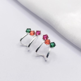 BRINCO PRATA EAR CUFF 3 CRISTAIS COLORIDOS