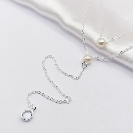 COLAR PRATA CORRENTE DUPLA DUAS PÉROLAS E BEZEL CRISTAL