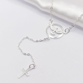 COLAR PRATA ESPÍRITO SANTO E PINGENTE DE CRUZ 45CM