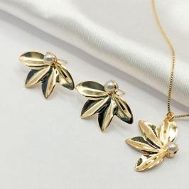 CONJUNTO DOURADO FOLHAS COM PÉROLA