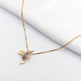 GARGANTILHA DOURADO BEIJA FLOR GOTA CRISTAL  45CM