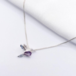 GARGANTILHA PRATA BEIJA FLOR GOTA CRISTAL  45CM