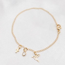PULSEIRA DOURADA PÁSSARO BEZEL CRISTAL E CRUZ