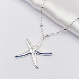 COLAR PRATA CORRENTE BOLINHA E ESTRELA DO MAR LISA 45CM