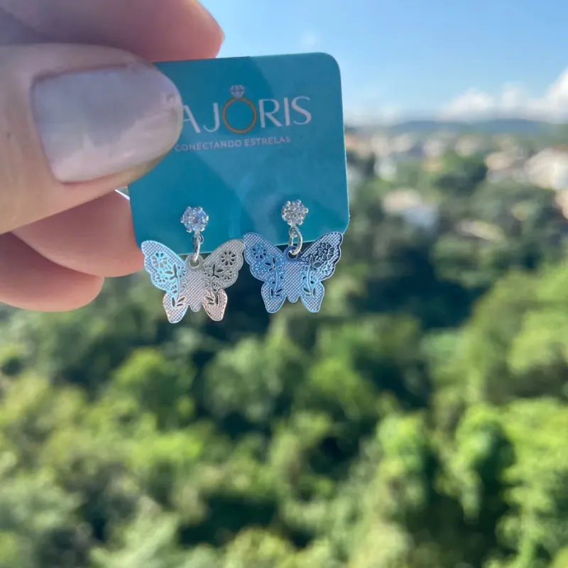 Brinco Prata Zircônia borboleta chapeada