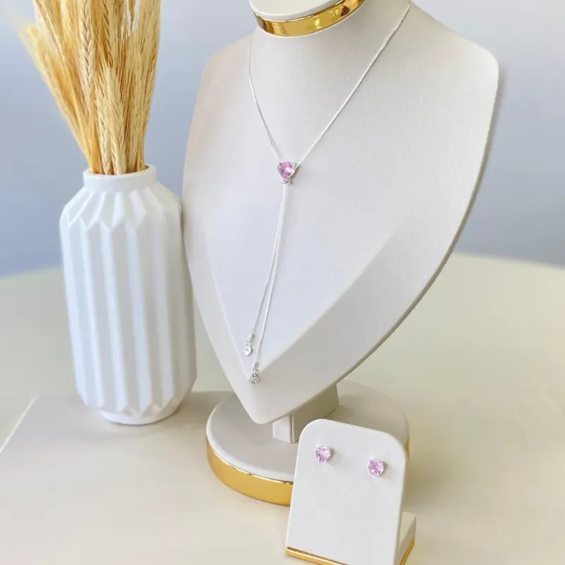 Conjunto Prata Gravata Coração Rosa