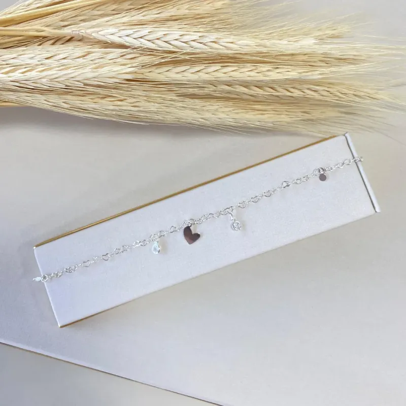 Pulseira Prata Corações Lisos Zircônia