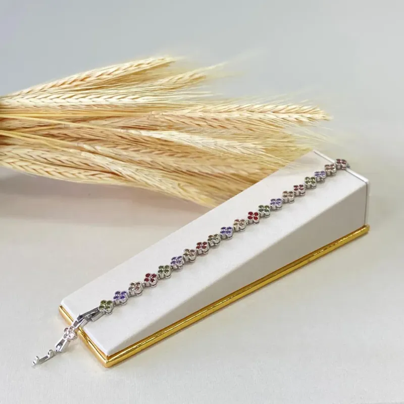 Pulseira Rodio Branco Trevo Virginia Zirconia Colorido
