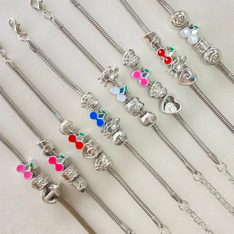 Pulseira Aço Inox Infantil Cereja Colorida Coruja