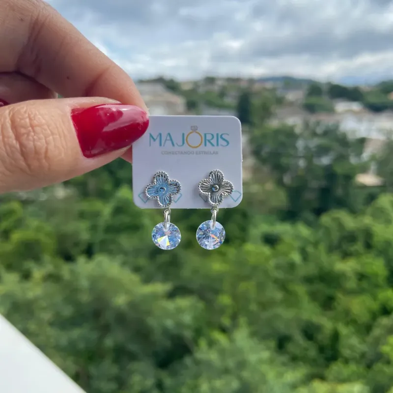 Brinco Prata Trevo e Zircônia