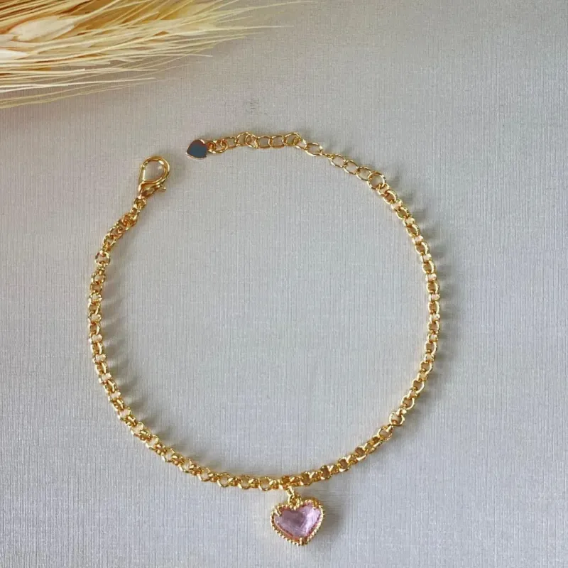 Pulseira Dourada Elo Português Coração Rosa