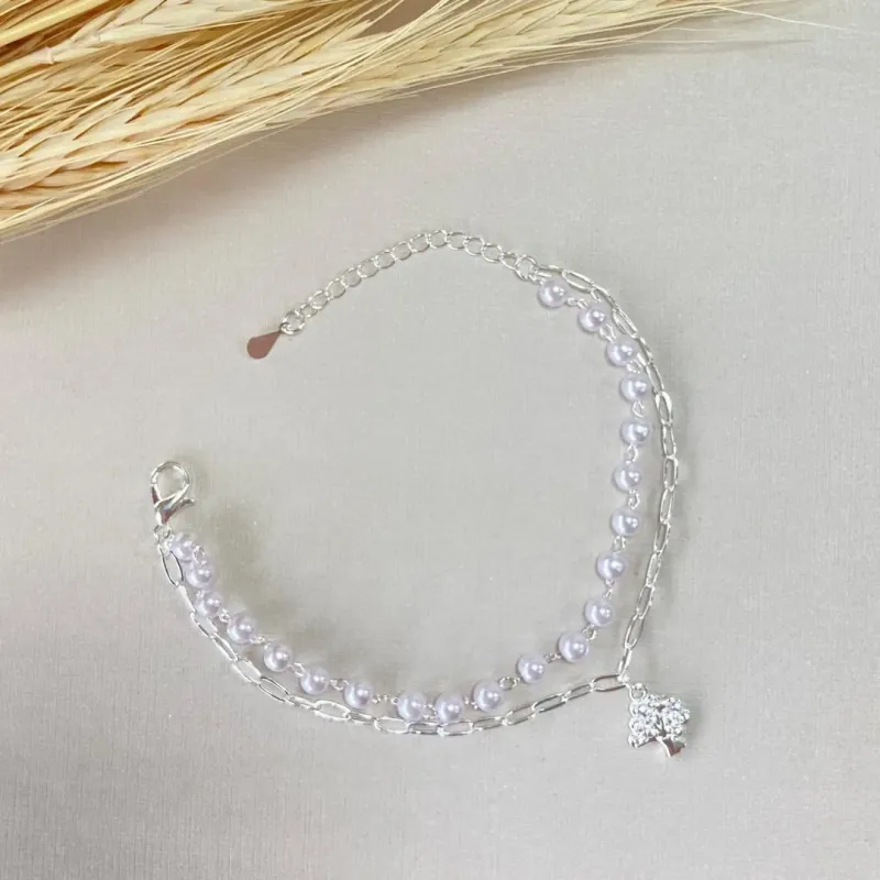 Pulseira Prata Dupla Perolas e Arvore da Vida