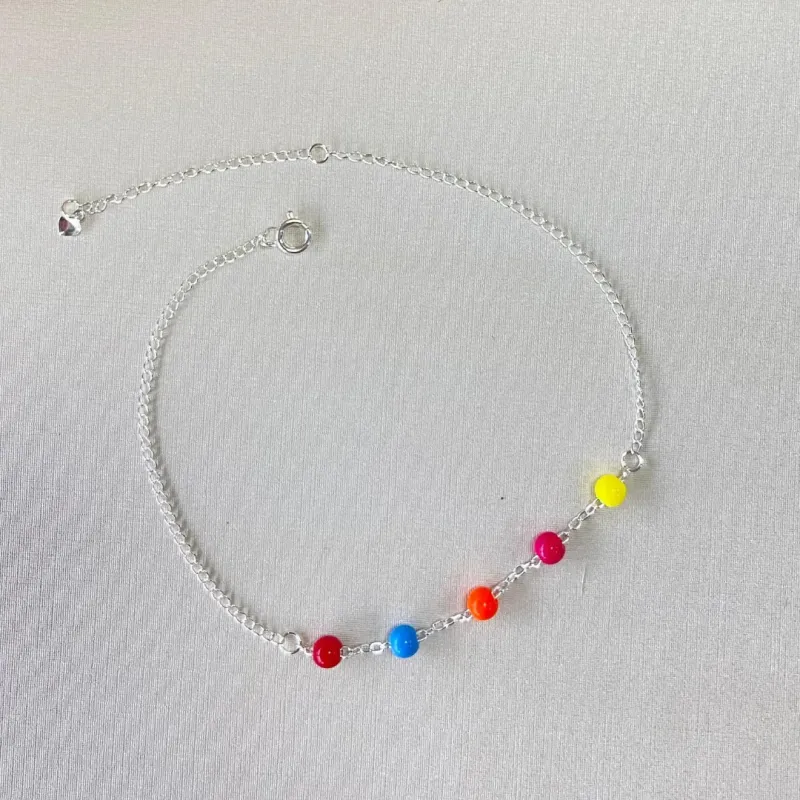 Tornozeleira Prata Bolinhas Coloridas