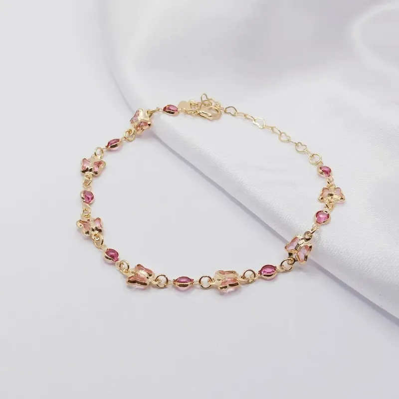 PULSEIRA DOURADA COM BORBOLETAS E PONTO DE LUZ ROSA