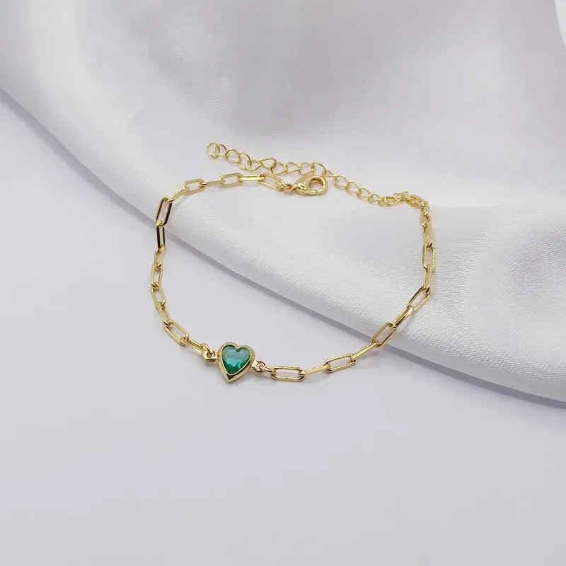 PULSEIRA DOURADA ELO CARTIER COM CORAÇÃO VERDE ÁGUA