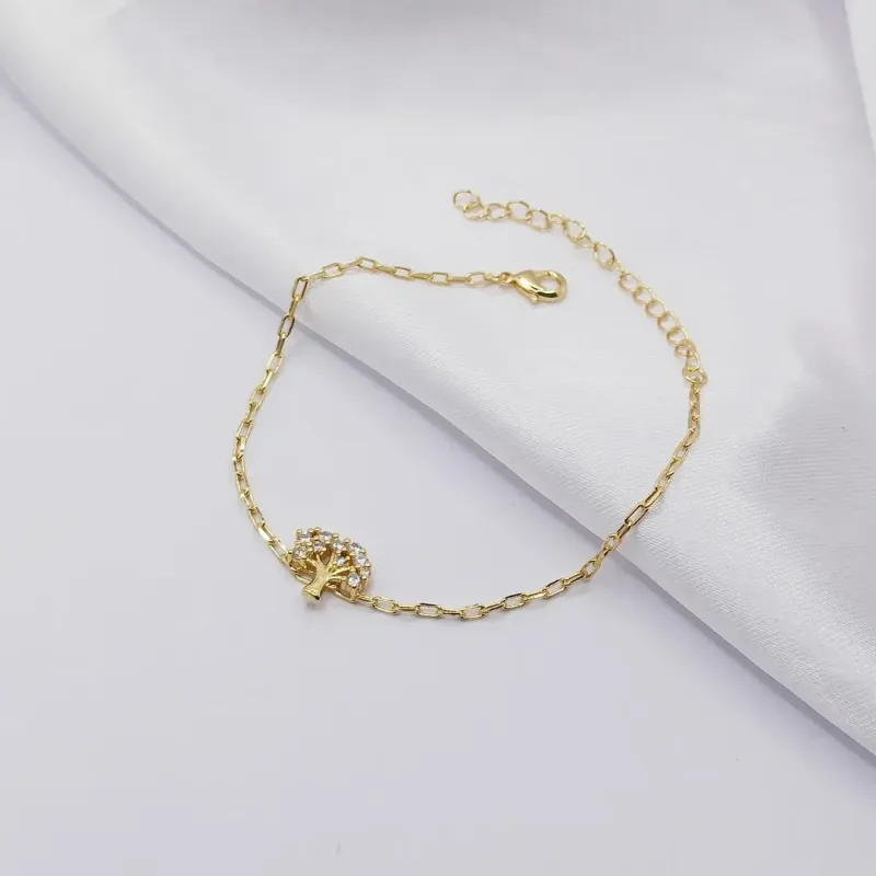 PULSEIRA DOURADA ELO OVAL ALONGADO COM ÁRVORE CRAVEJADA