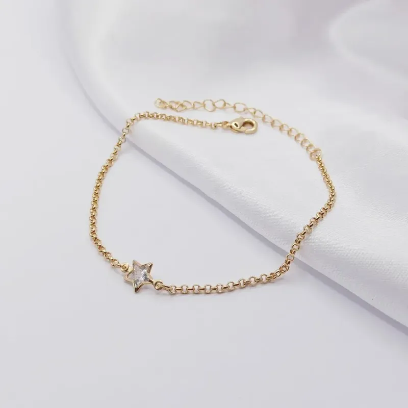 PULSEIRA DOURADA ELO PORTUGUÊS FINO COM ESTRELA CRISTAL