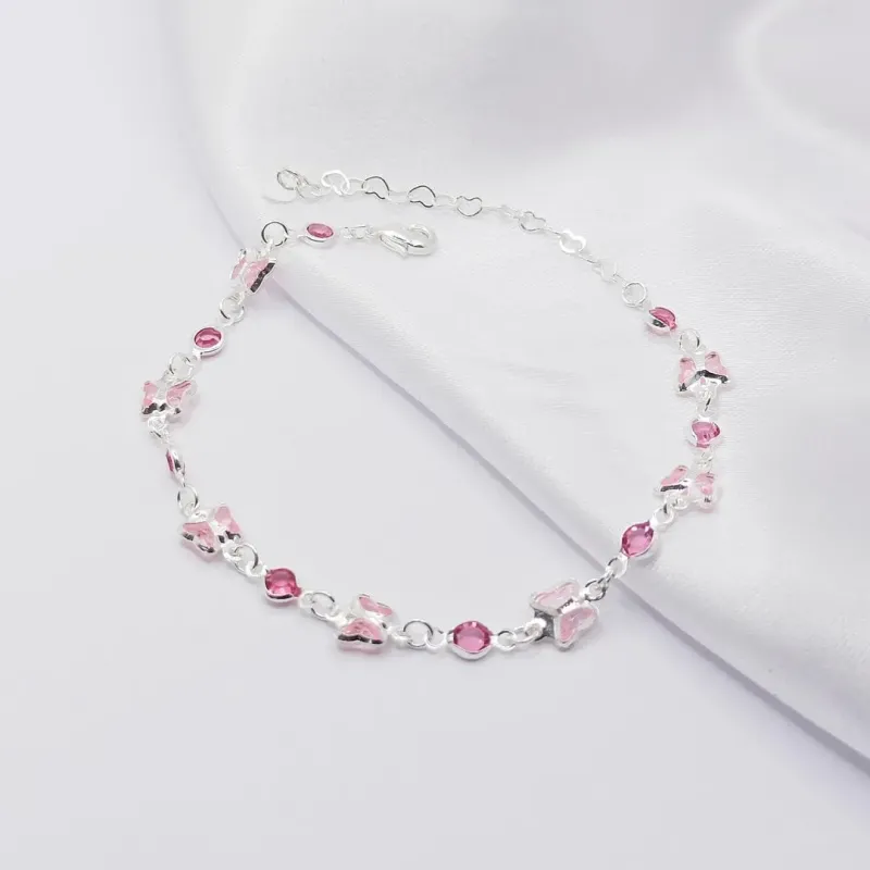 PULSEIRA PRATA COM BORBOLETAS E PONTO DE LUZ ROSA